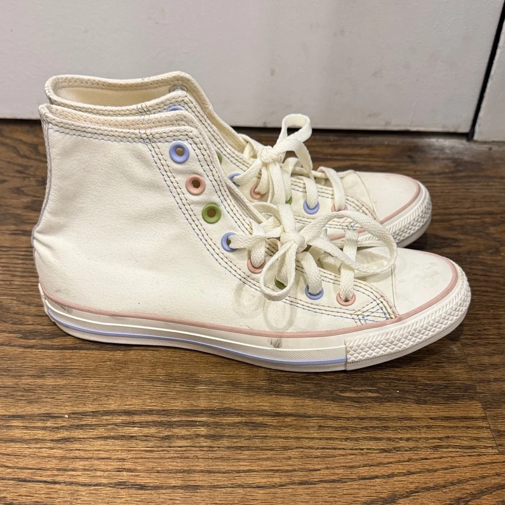 Converse Cream High-Top Sneakers with Multicolor Eyelets - Picture 3 of 7